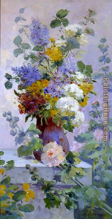 Summer Flowers with Hollyhocks painting - Eugene Henri Cauchois Summer Flowers with Hollyhocks art painting